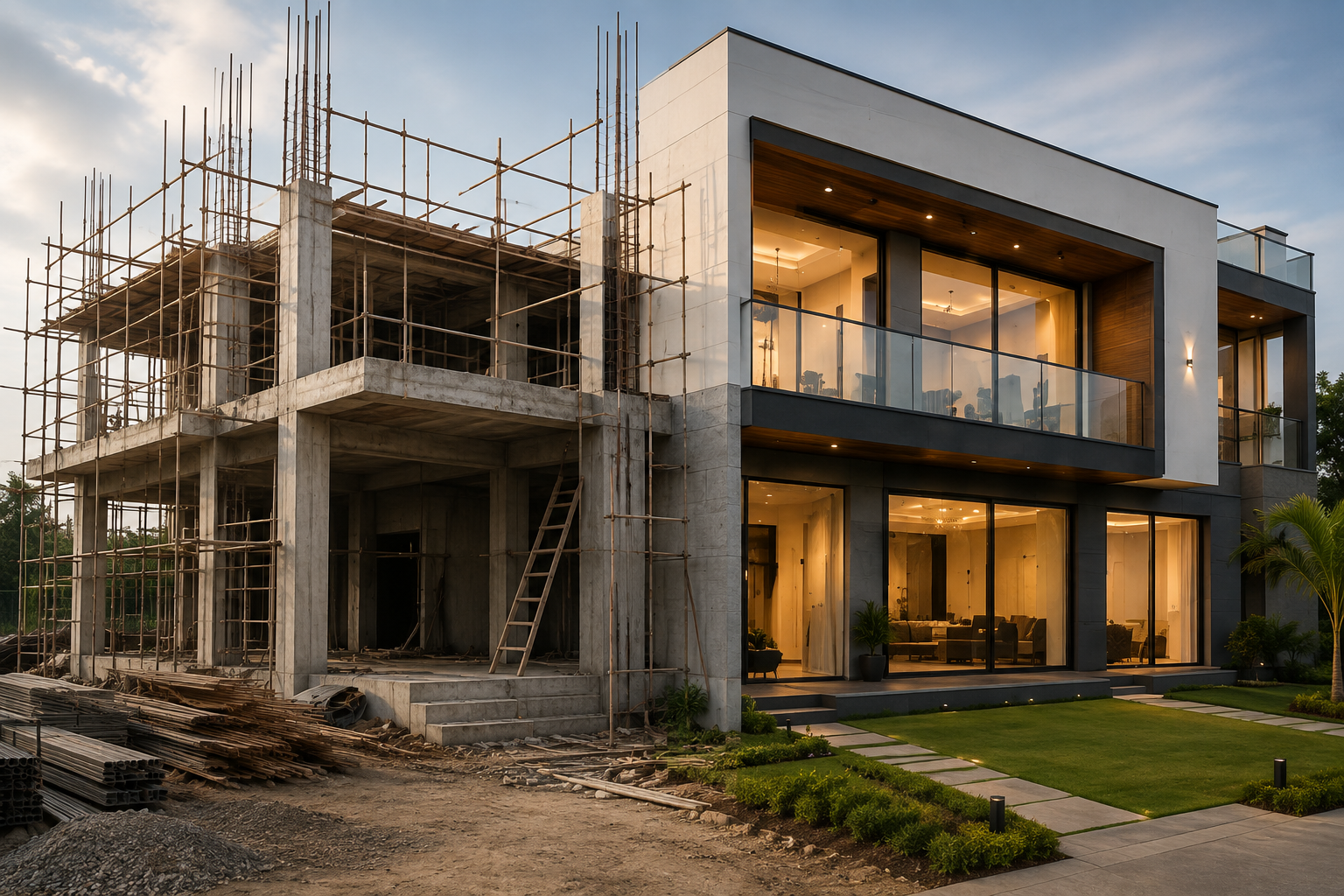 Villa half under construction, half completed and lit at dusk