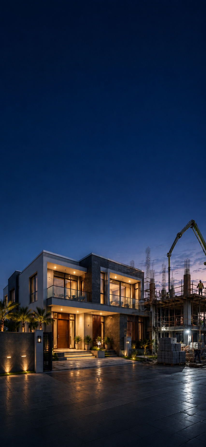 Completed modern villa at dusk beside an active construction site