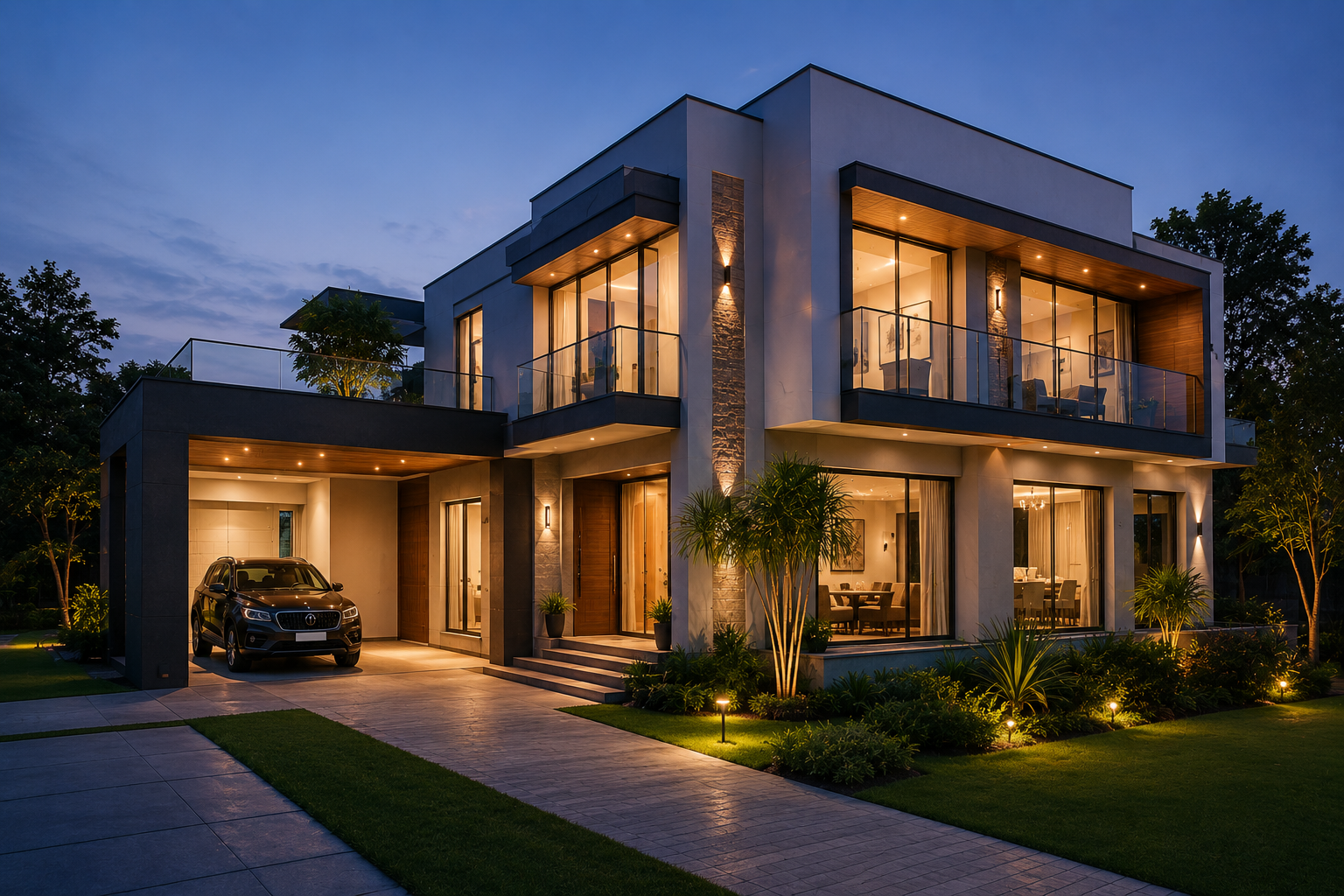 Completed modern villa lit at dusk