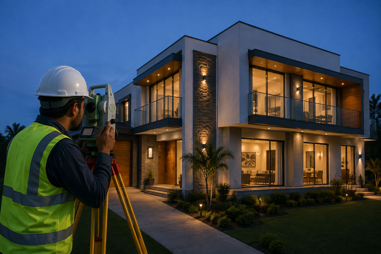 Surveyor checking villa alignment with a total station at dusk