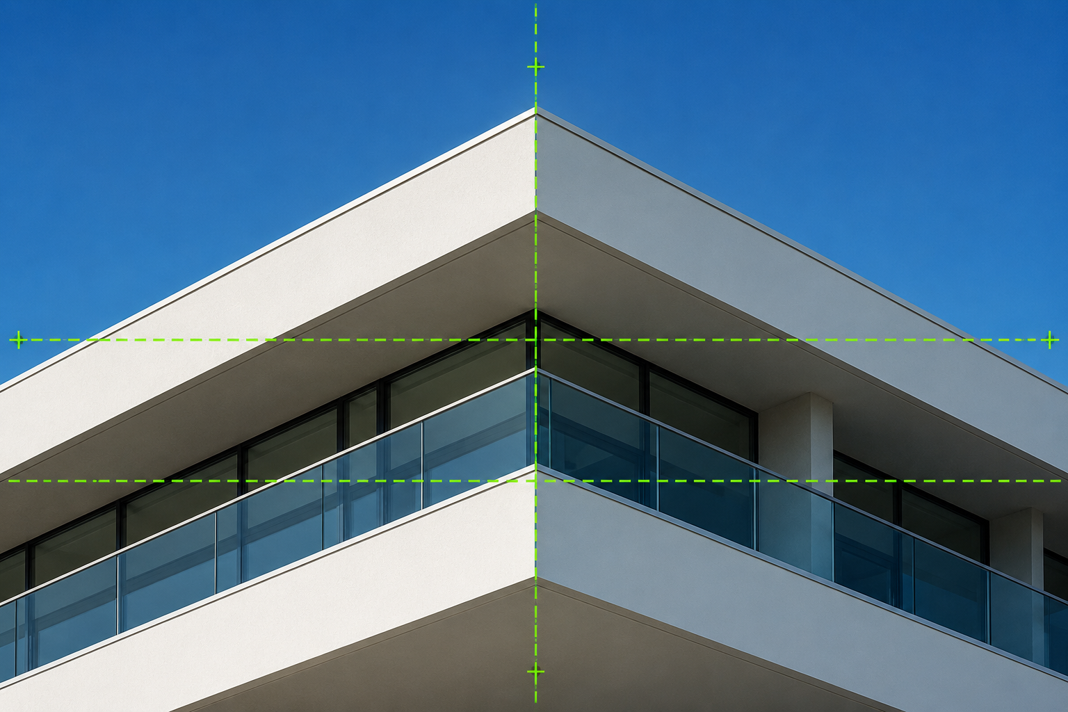 Villa facade with alignment guides overlaid