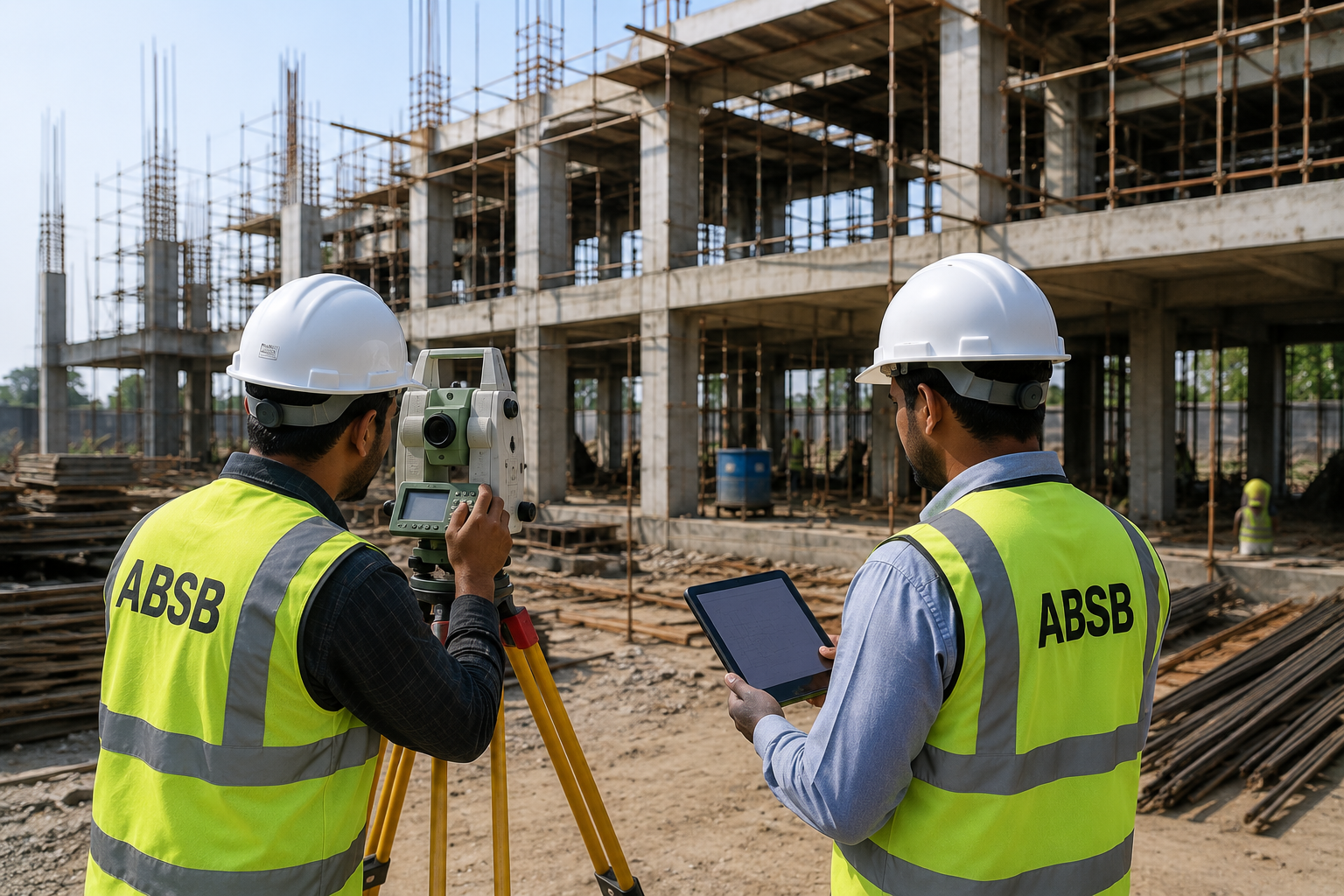 ABSB engineers using a total station and tablet on site
