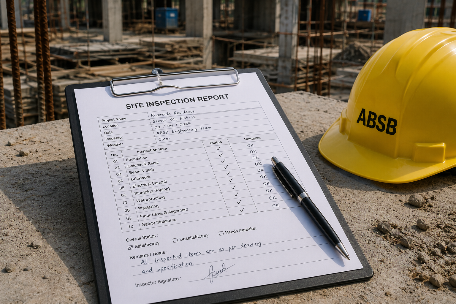 Site inspection report on a clipboard beside an ABSB safety helmet